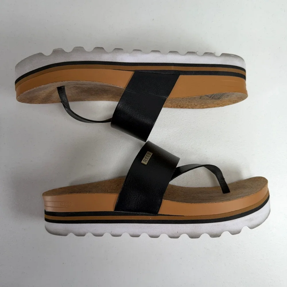Reef 8 Cushion Sol Hi Black Cork Platform Thong Sandal Beach Casual Flatform